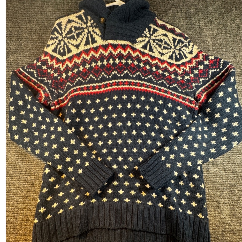 H&M LOGG  Sweater Heavy Nordic‎ Shawl Collar Snowflake Blue Wool Blend Sz Medium